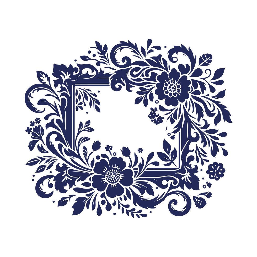 floral frame wreath with blue flowers and leaves on white background vector