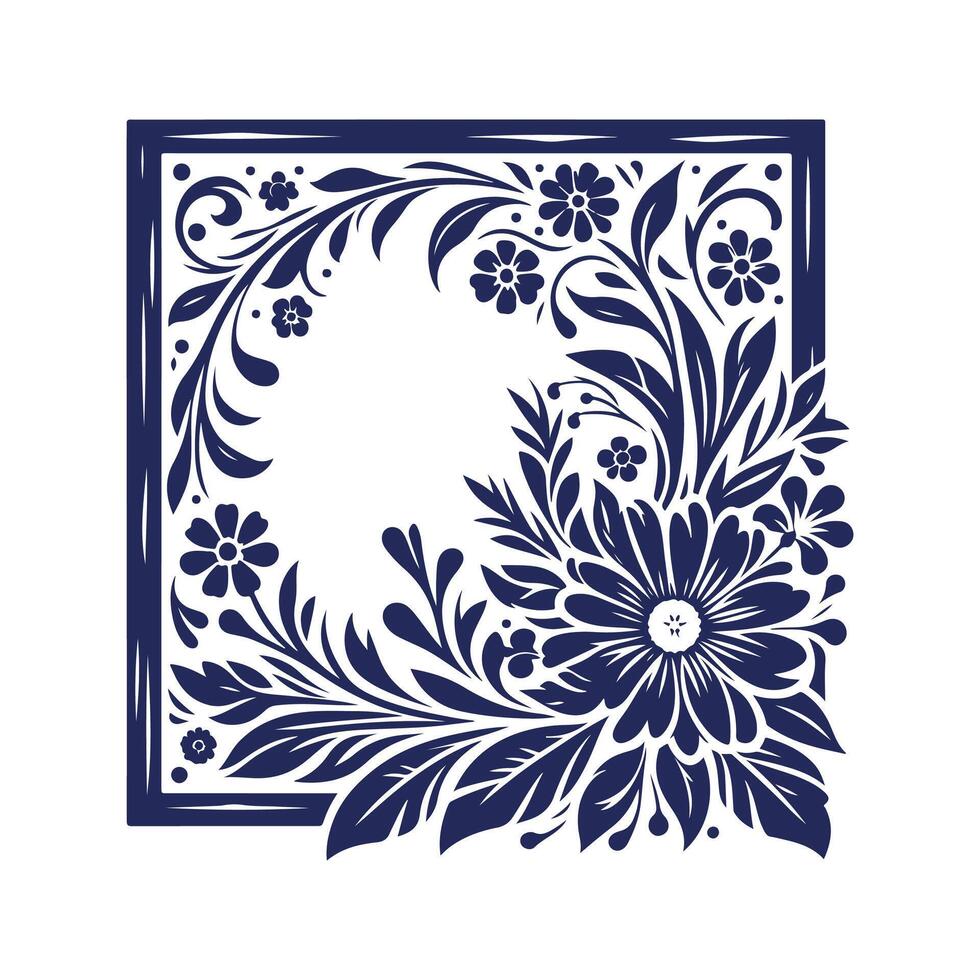 a blue floral frame design with leaves and flowers vector