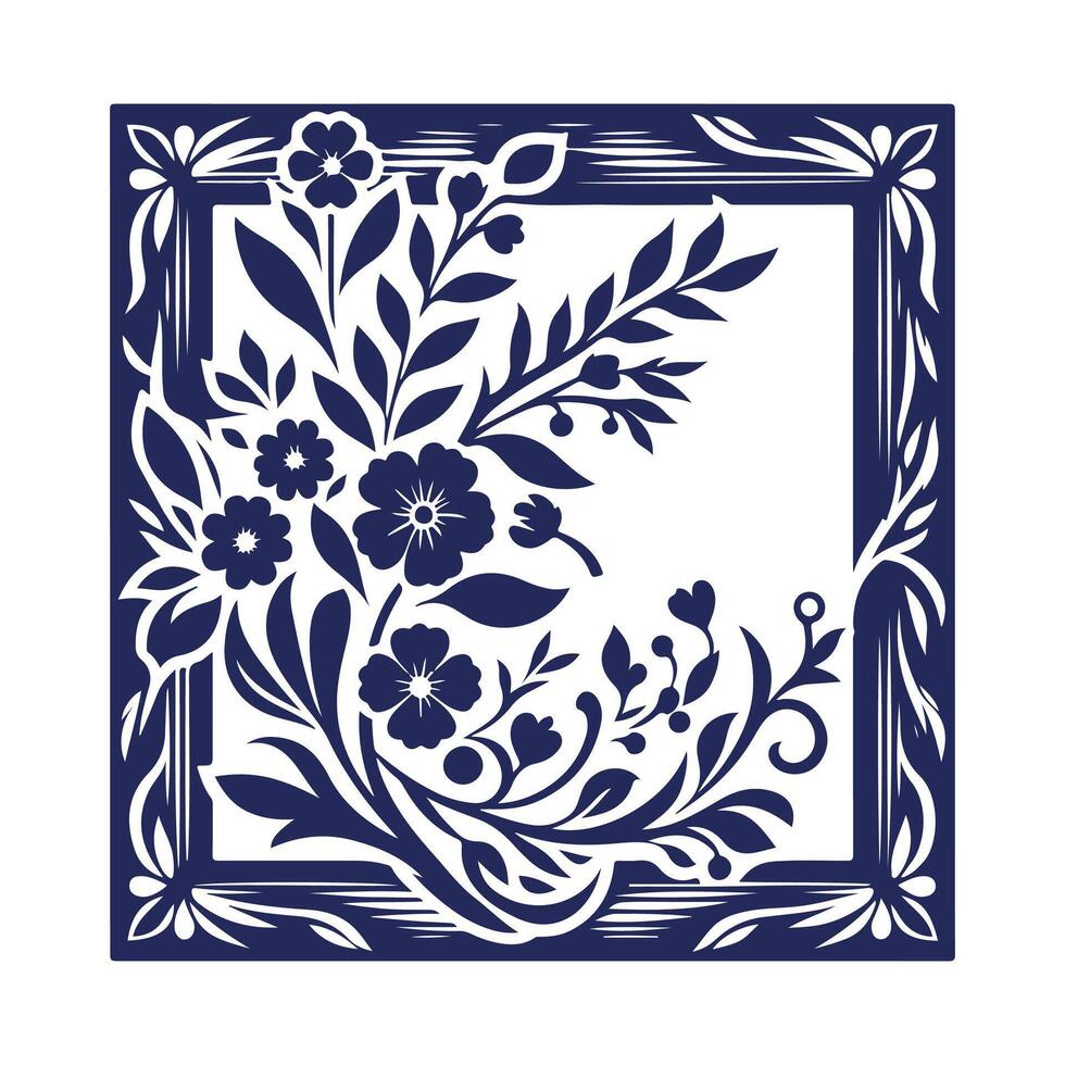 a blue floral frame design with leaves and flowers vector