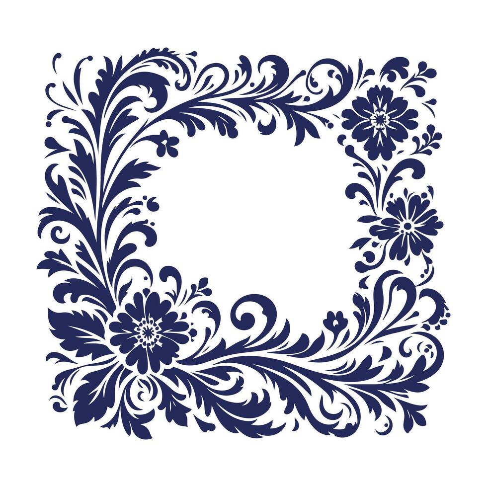 a blue floral frame design with leaves and flowers vector