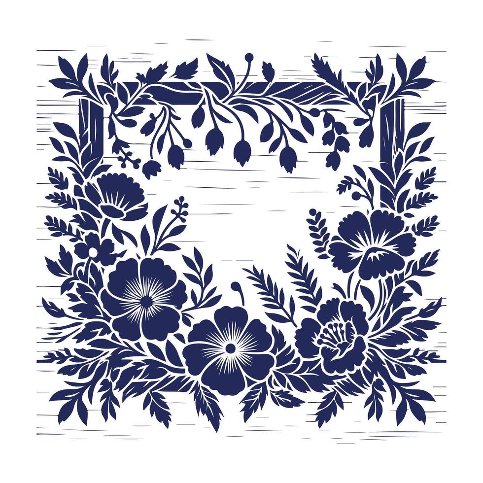 floral frame wreath with blue flowers and leaves on white background vector