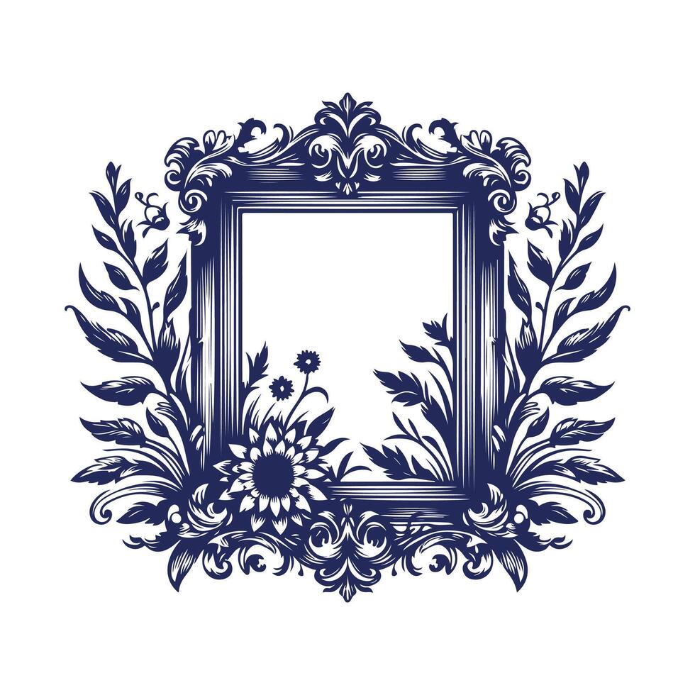 floral frame wreath with blue flowers and leaves on white background vector