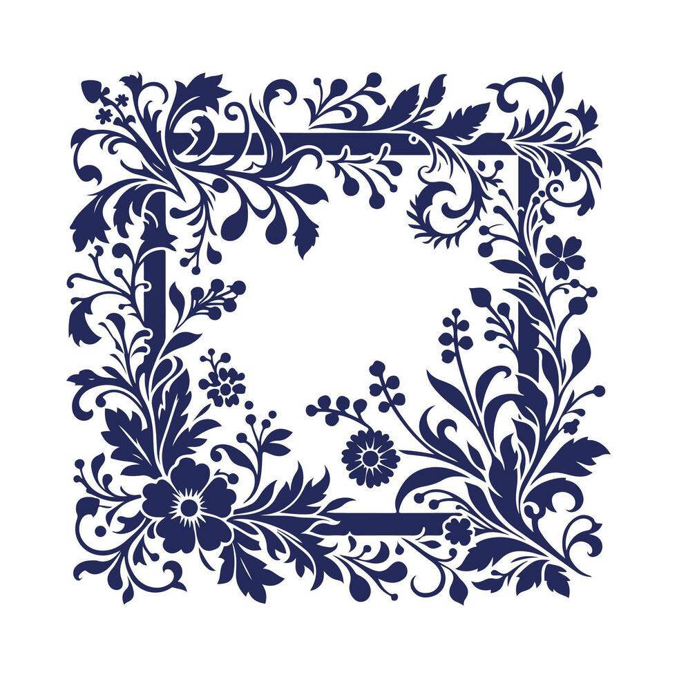 floral frame wreath with blue flowers and leaves on white background vector