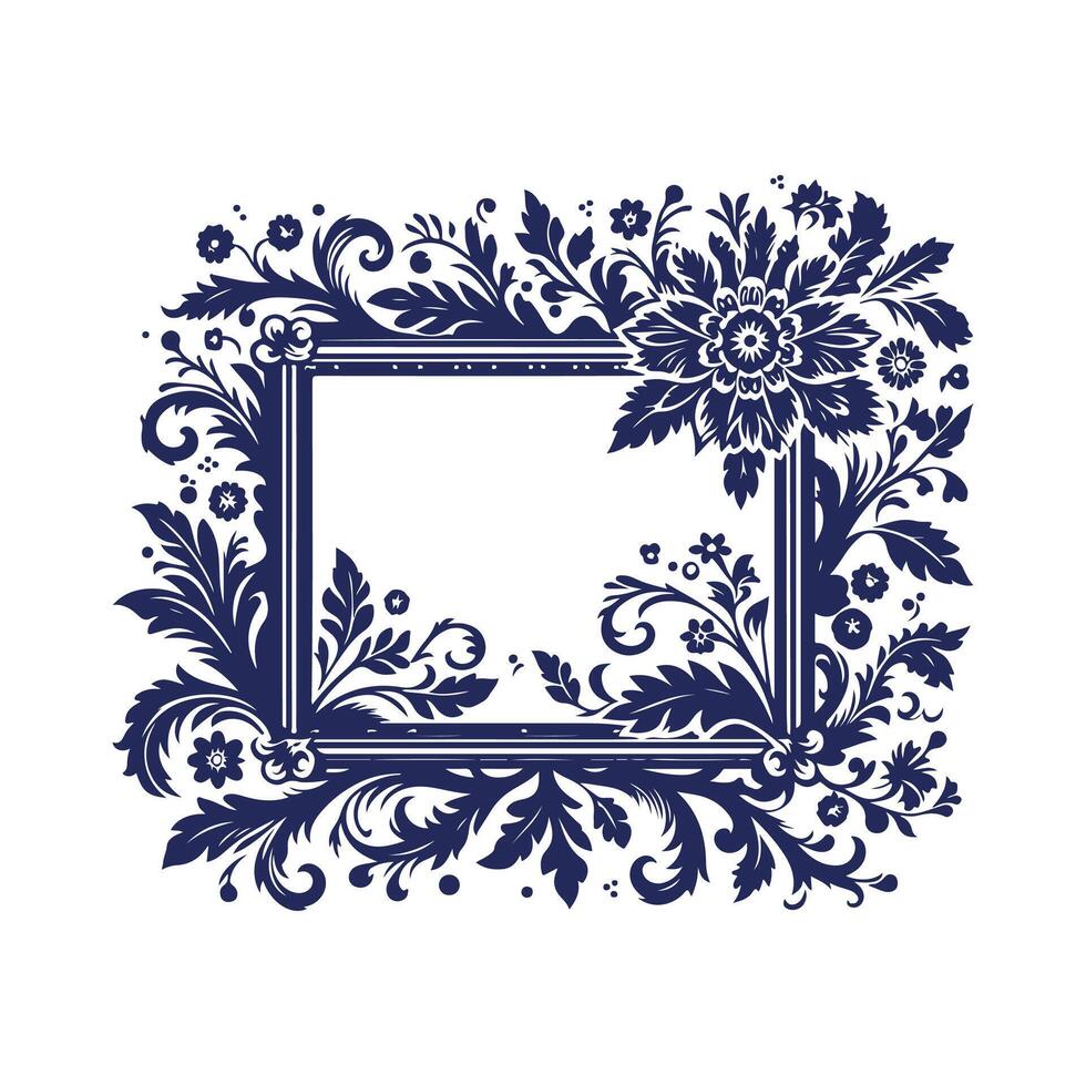 floral frame wreath with blue flowers and leaves on white background vector