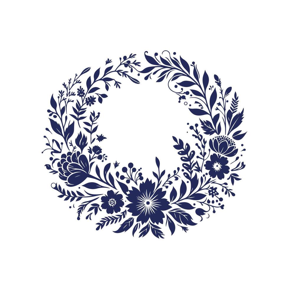 a blue and white floral frame with a circular design vector