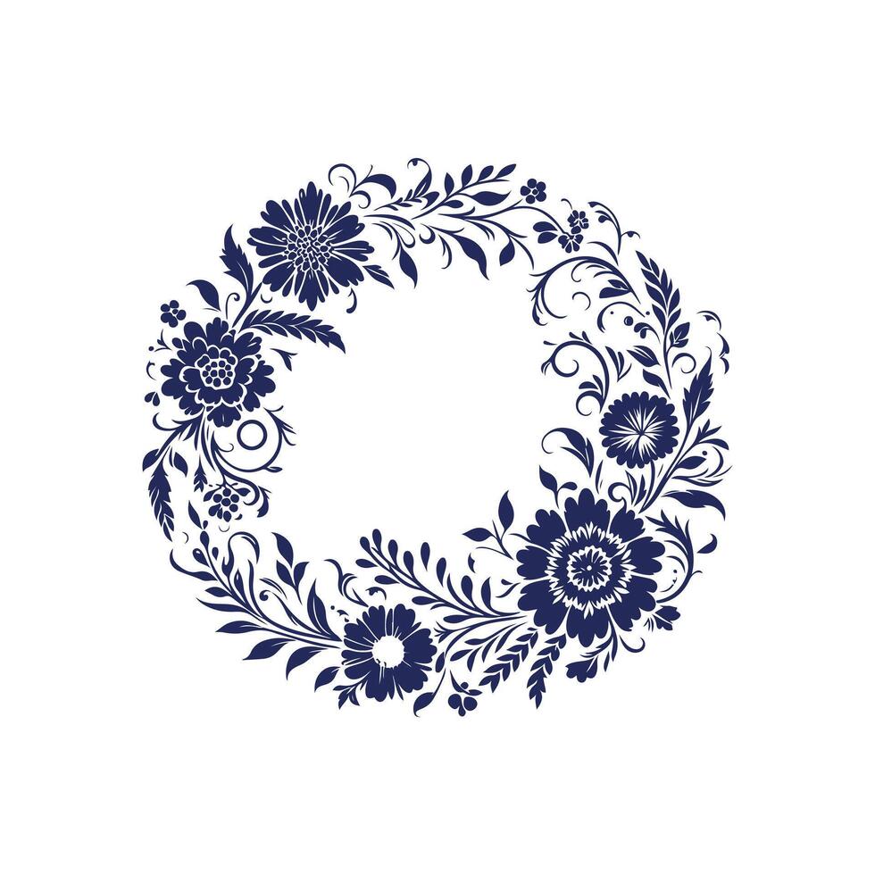 a blue and white floral frame with a circular design vector