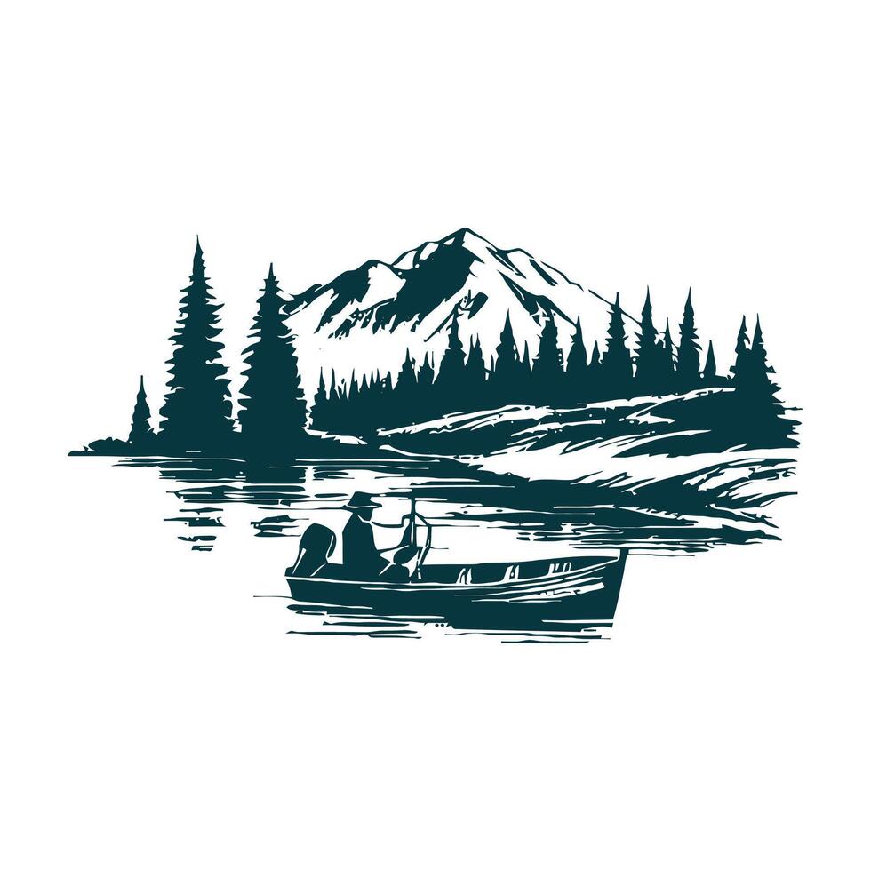a man in a boat on the lake with mountains in the background vector