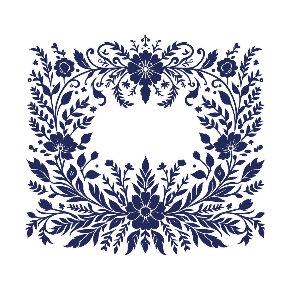a blue floral frame design with leaves and flowers vector