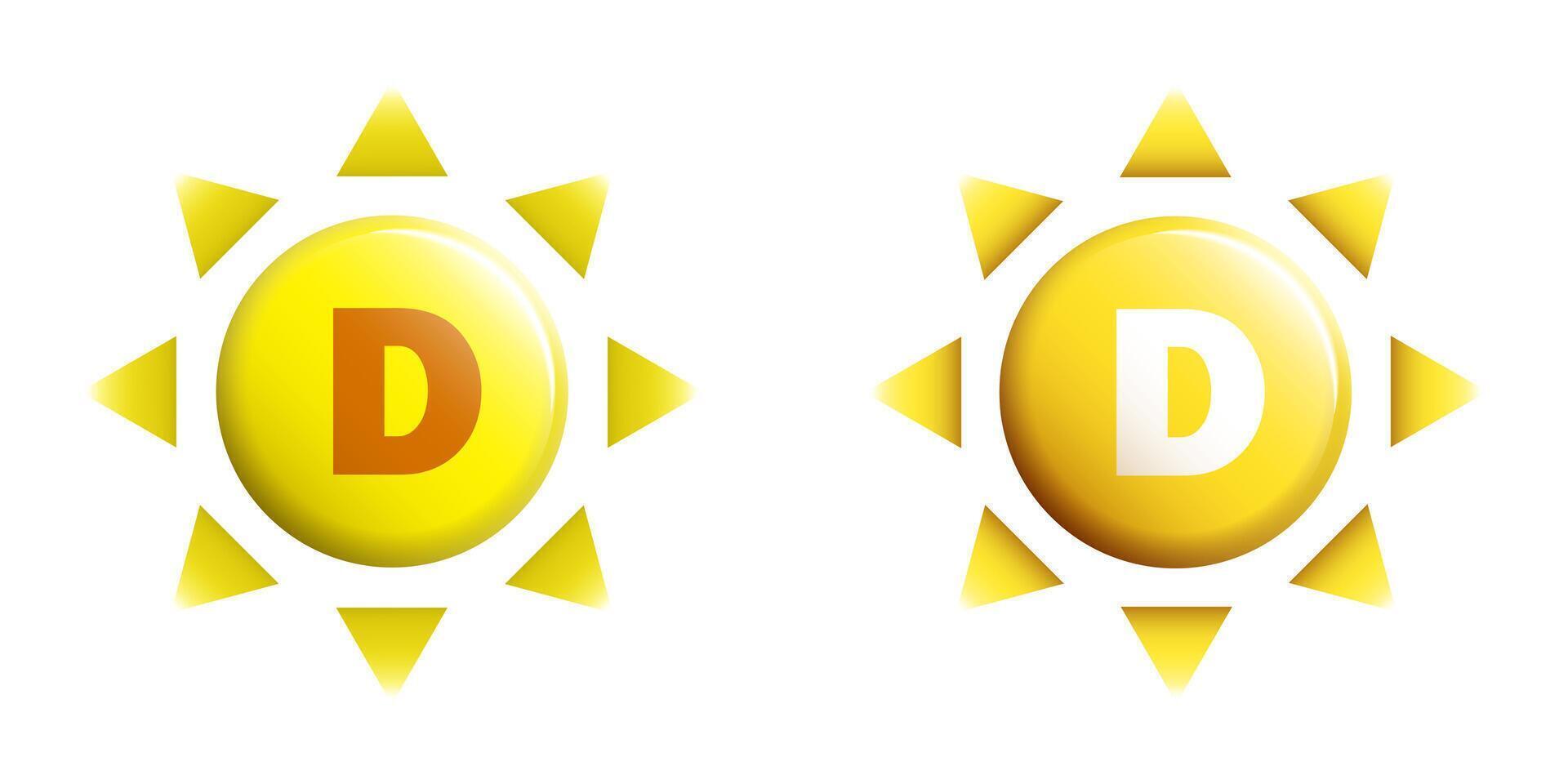 illustration of Vitamin D sun icons, featuring a bright yellow sun with a D in the center, ideal for health and nutrition designs. vector