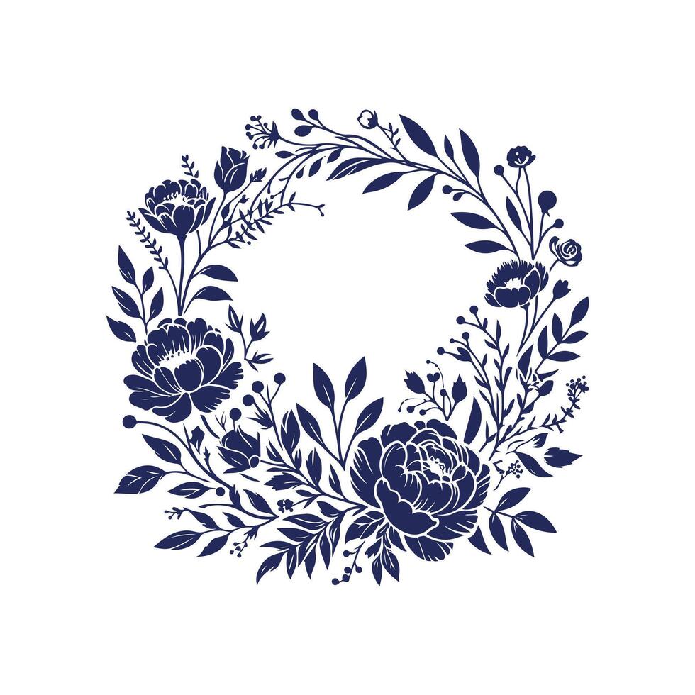 a blue and white floral frame with a circular design vector