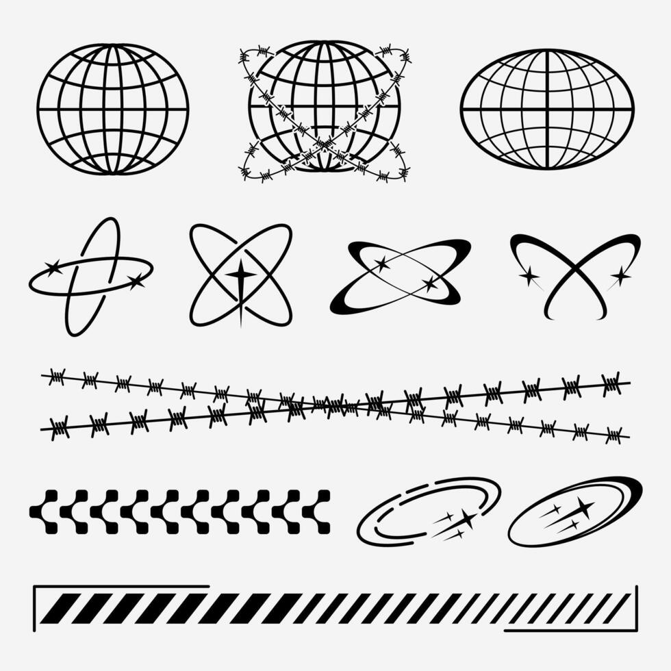 Streetwear Fashion Design elements, retro futuristic design element include globes thorn abstract shape vector