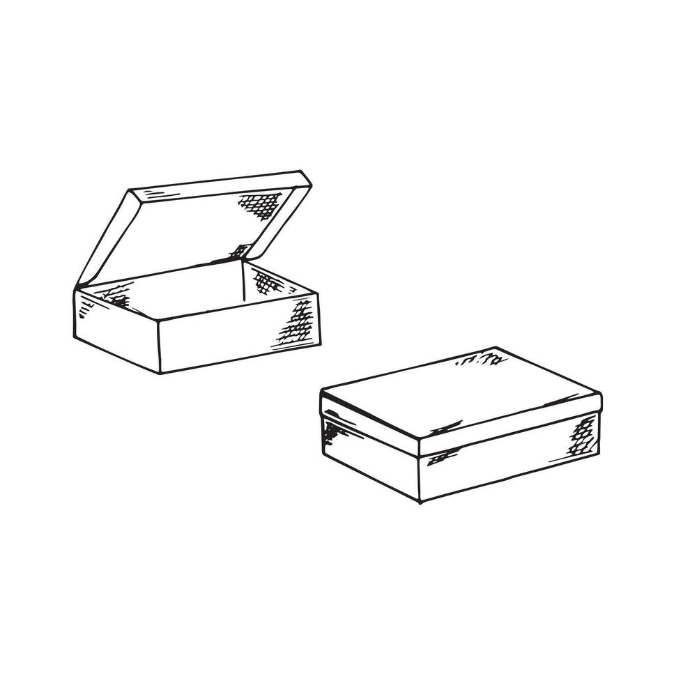 Kraft box in doodle style. Closed and opened paper box. Hand-drawn illustration on white background. vector