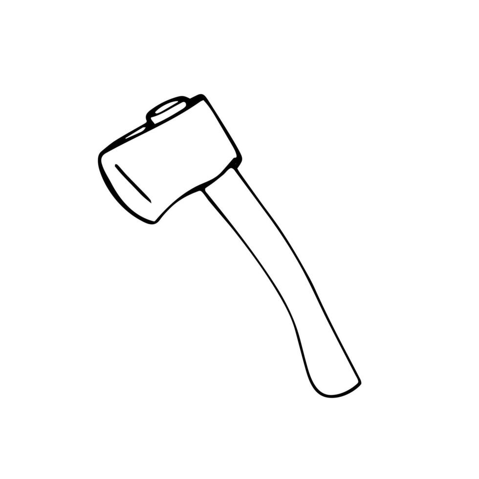Hand-drawn hatchet. Hiking hand axe with wooden handle. Carpenter tool for forest camping, isolated on white background vector