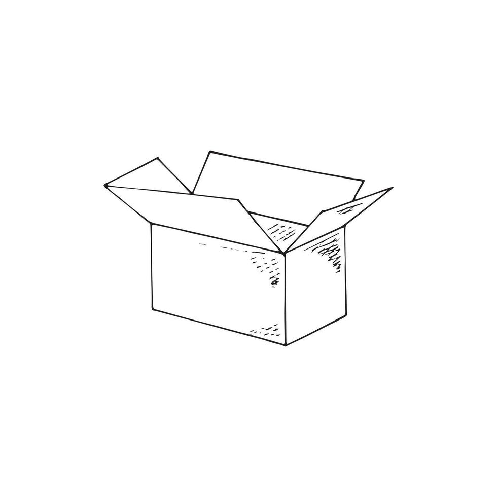 Opened Cardboard box. Hand-drawn empty postal package. sketch illustration. Carton mailbox isolated on white background. vector