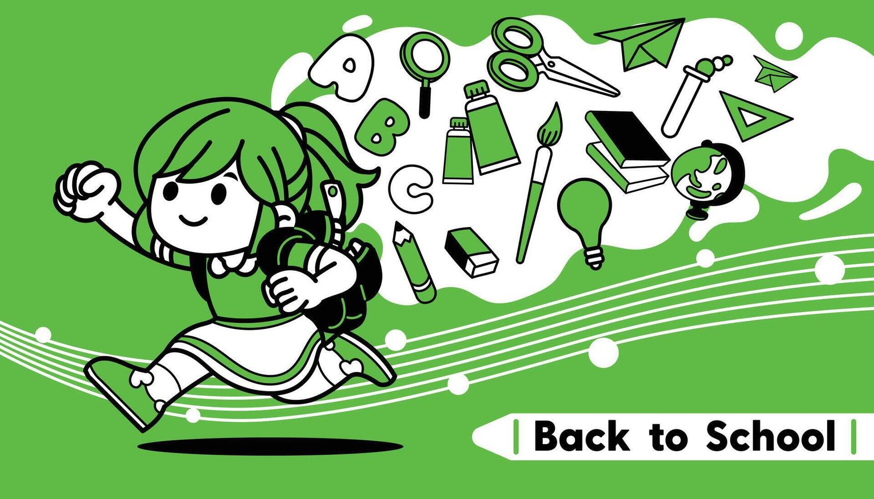 Cartoon Girl happy run with School elements Back to School concept on green background vector