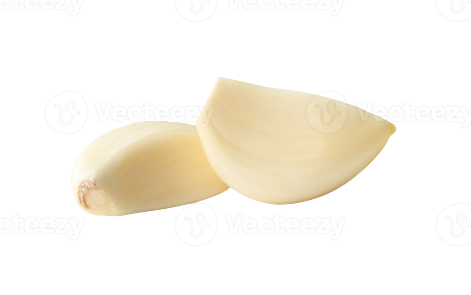 Front view of white peeled garlic cloves isolated with clipping path in file format png