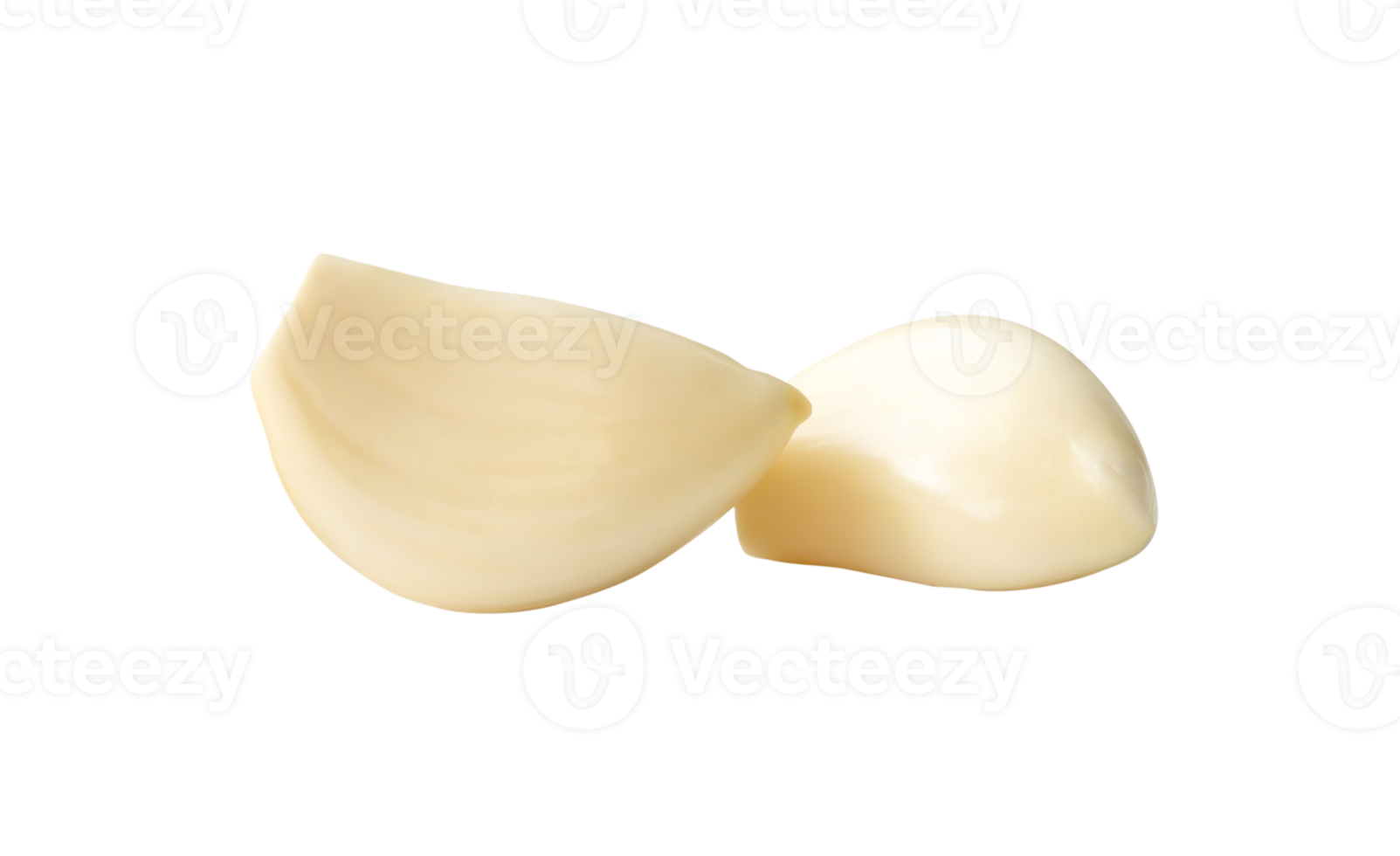 Front view of white peeled garlic cloves isolated with clipping path in file format png