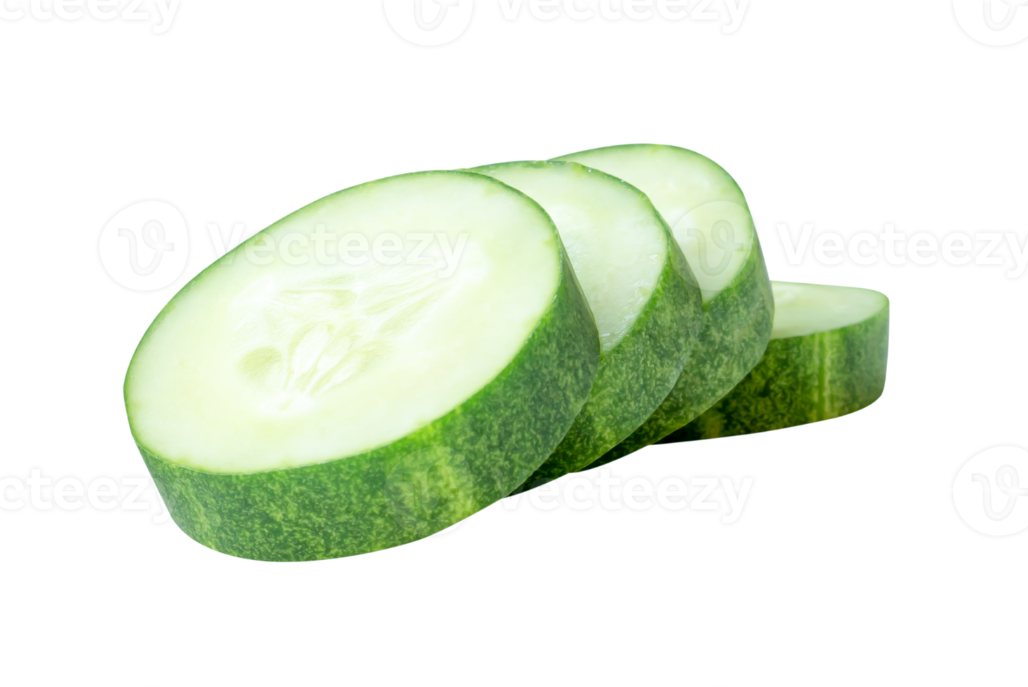 Front view of green cucumber slices or pieces in stack isolated with clipping path in file format png
