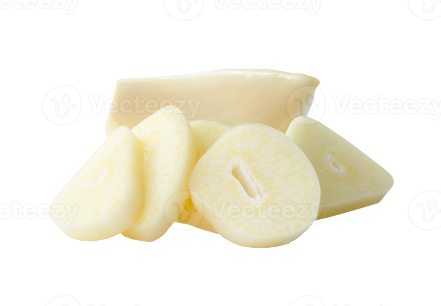 Front view of peeled white garlic cloves with slices or pieces in stack isolated with clipping path in file format png