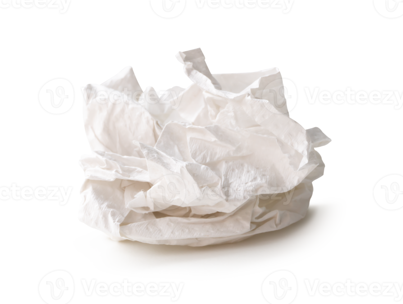 Front view of screwed or crumpled tissue paper balls after use isolated with clipping path and shadow in file format png