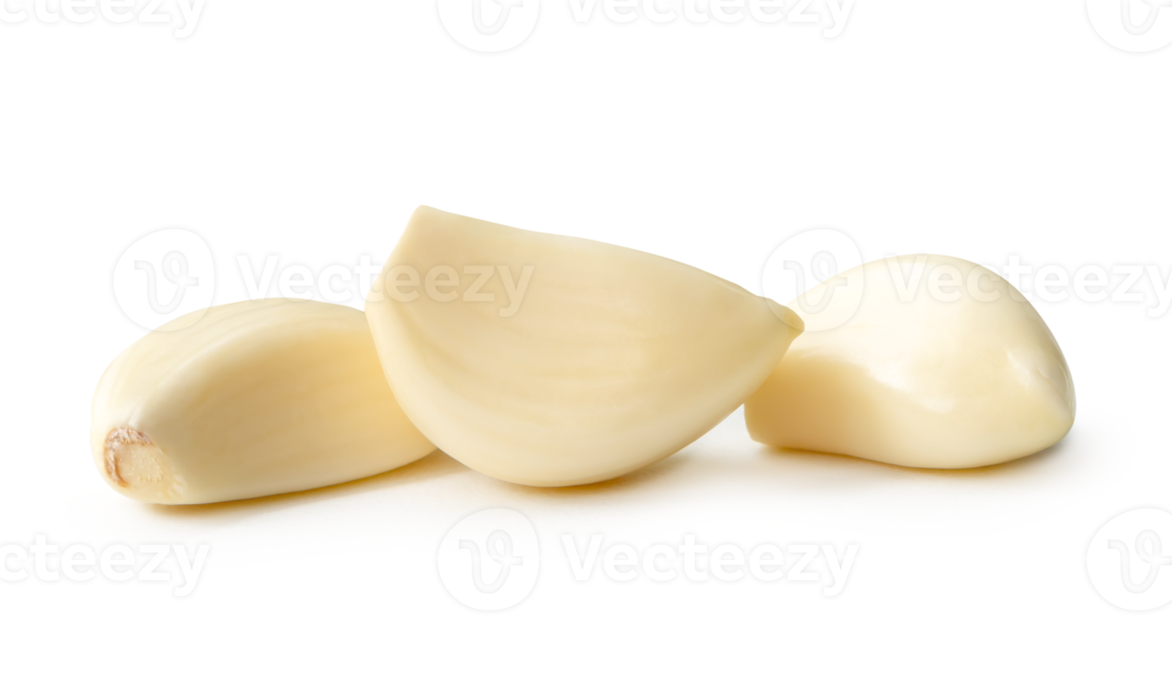 Front view of white peeled garlic cloves isolated with clipping path in file format png