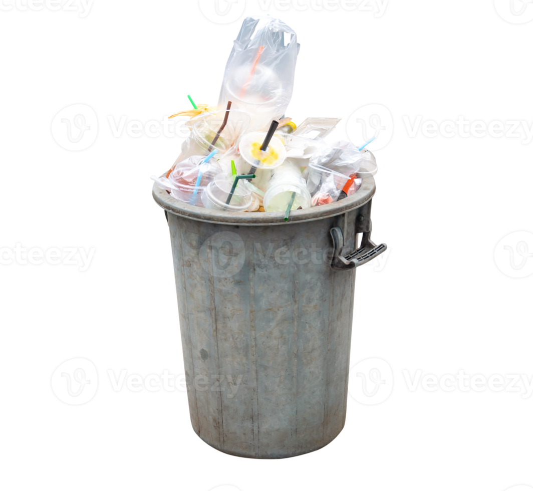 Old dirty gray plastic garbage can with a lot of garbage isolated with clipping path in file format png