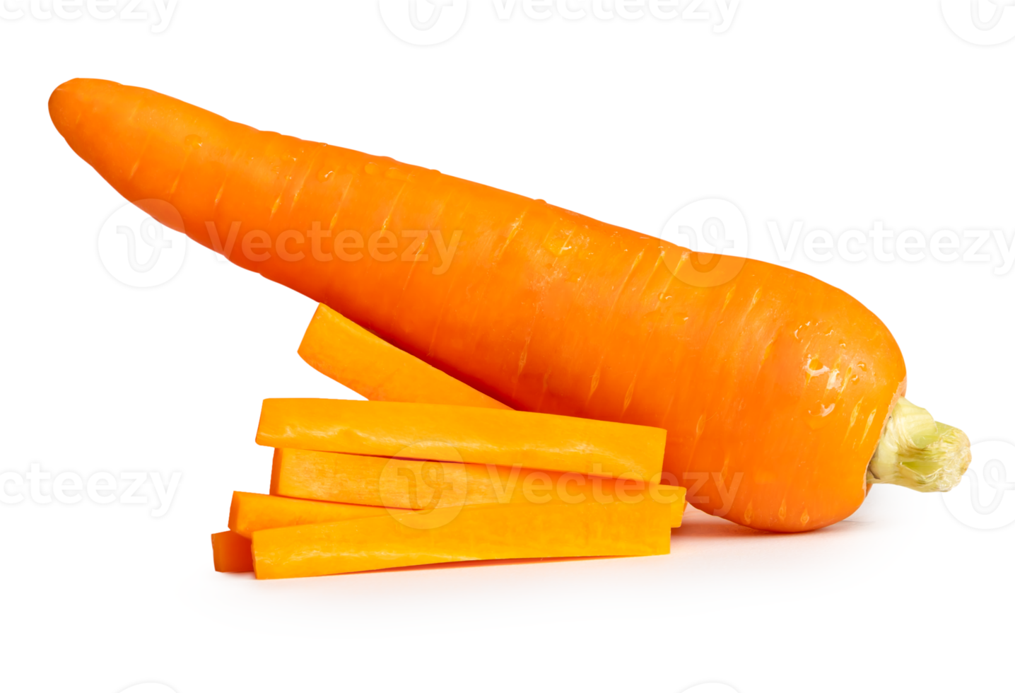 Side view of orange carrot with slices in stick shape in stack isolated with clipping path in file format png