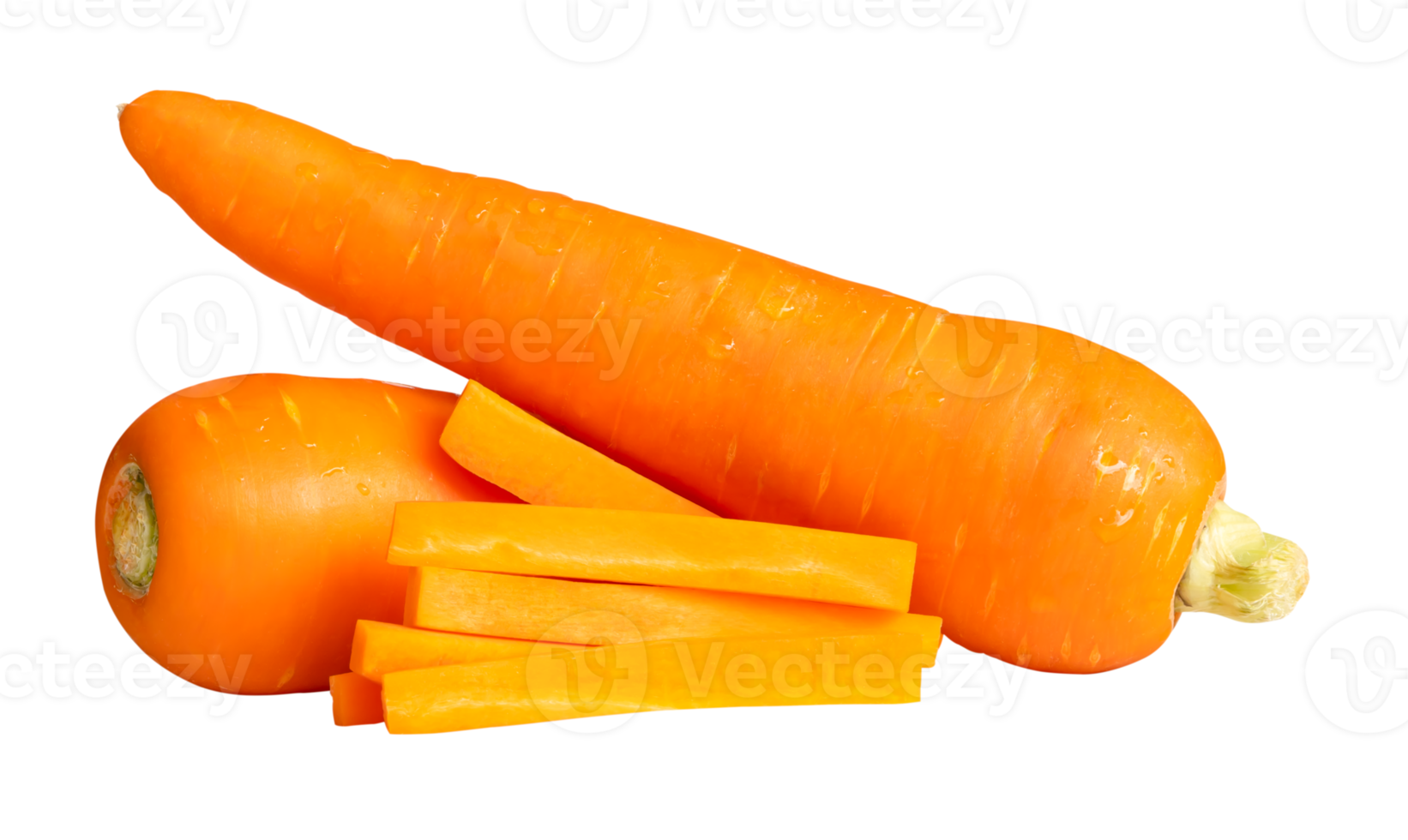 Side view of beautiful orange carrots with slices in stick shape in stack isolated with clipping path in file format png