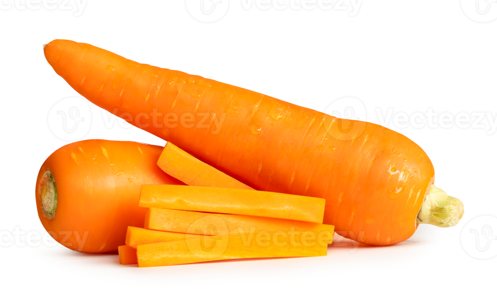 Side view of beautiful orange carrots with slices in stick shape in stack isolated with clipping path and shadow in file format png