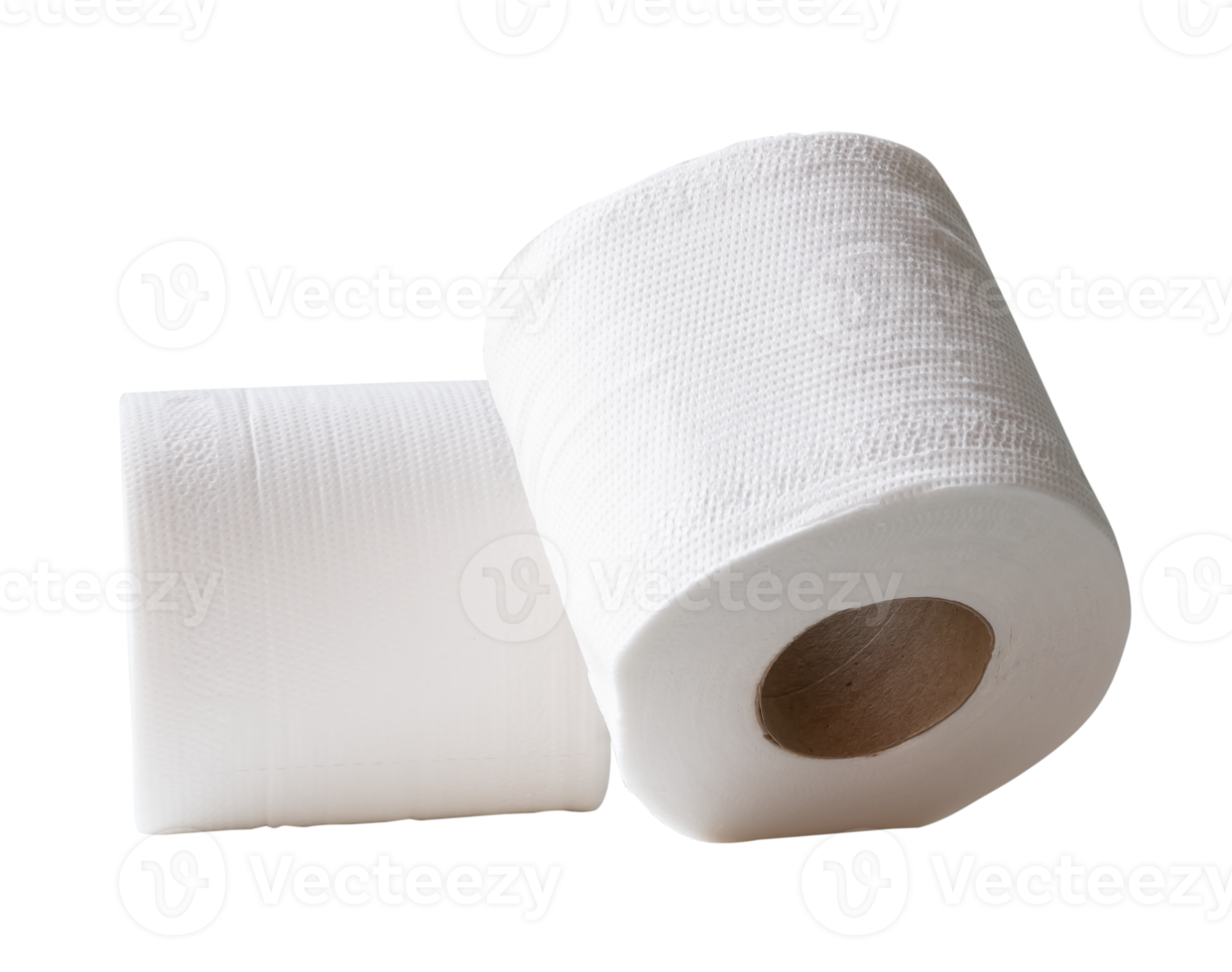 Front view of white tissue paper rolls in stack isolated with clipping path in file format png