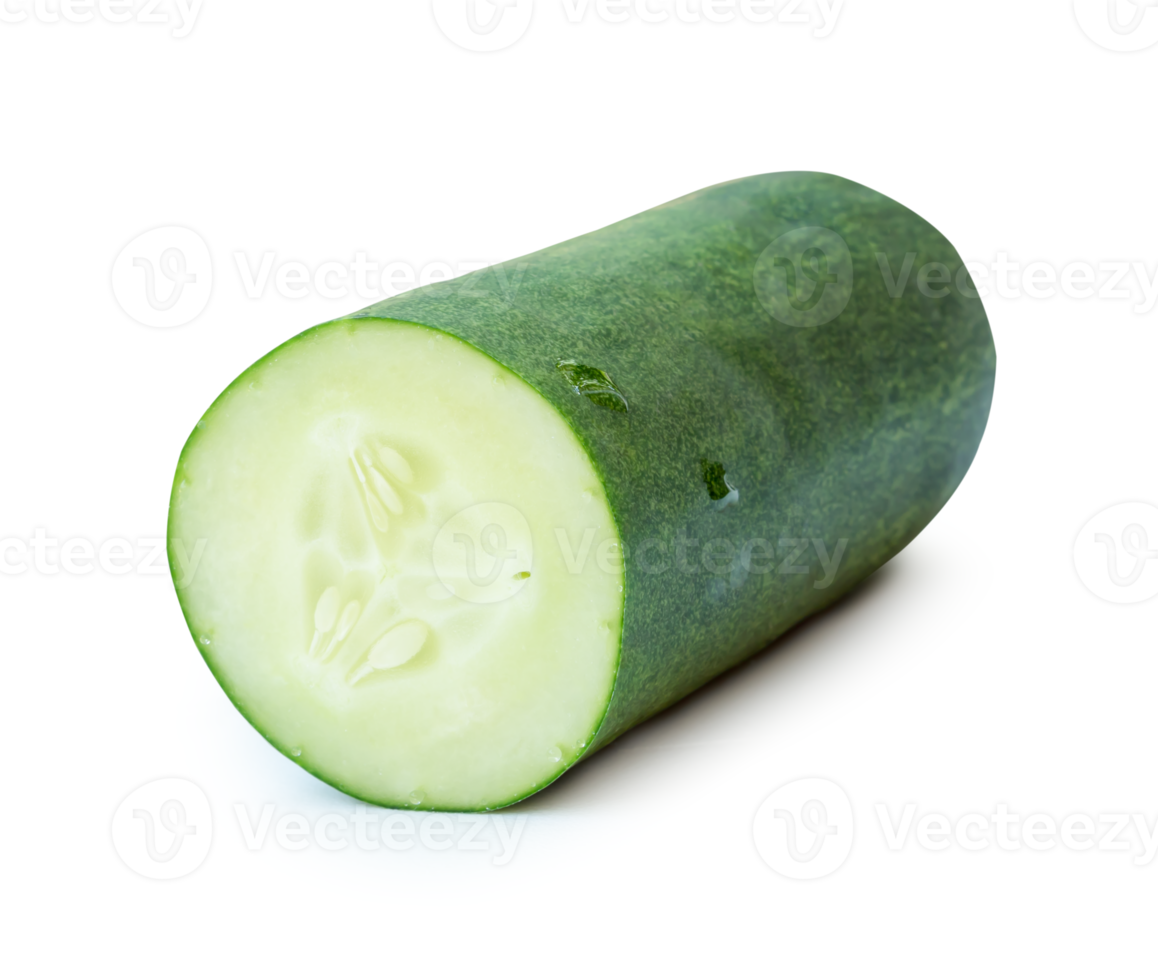 Front view of green cucumber slices or pieces in half isolated with clipping path and shadow in file format png