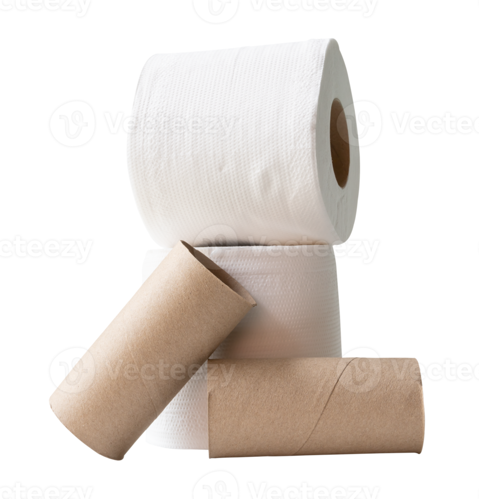 Front view of white tissue paper rolls with cores in stack isolated with clipping path in file format png