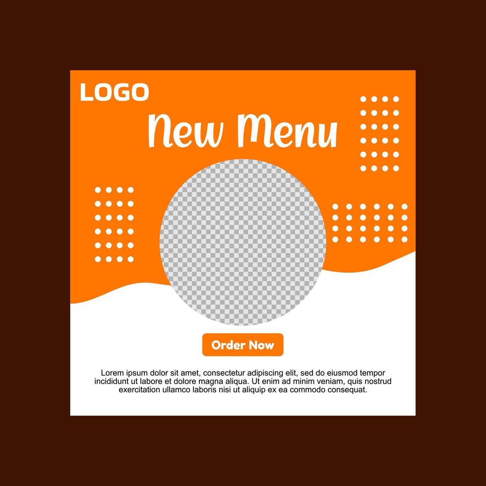 social media post template design. A white and orange new menu template with a call to action. vector