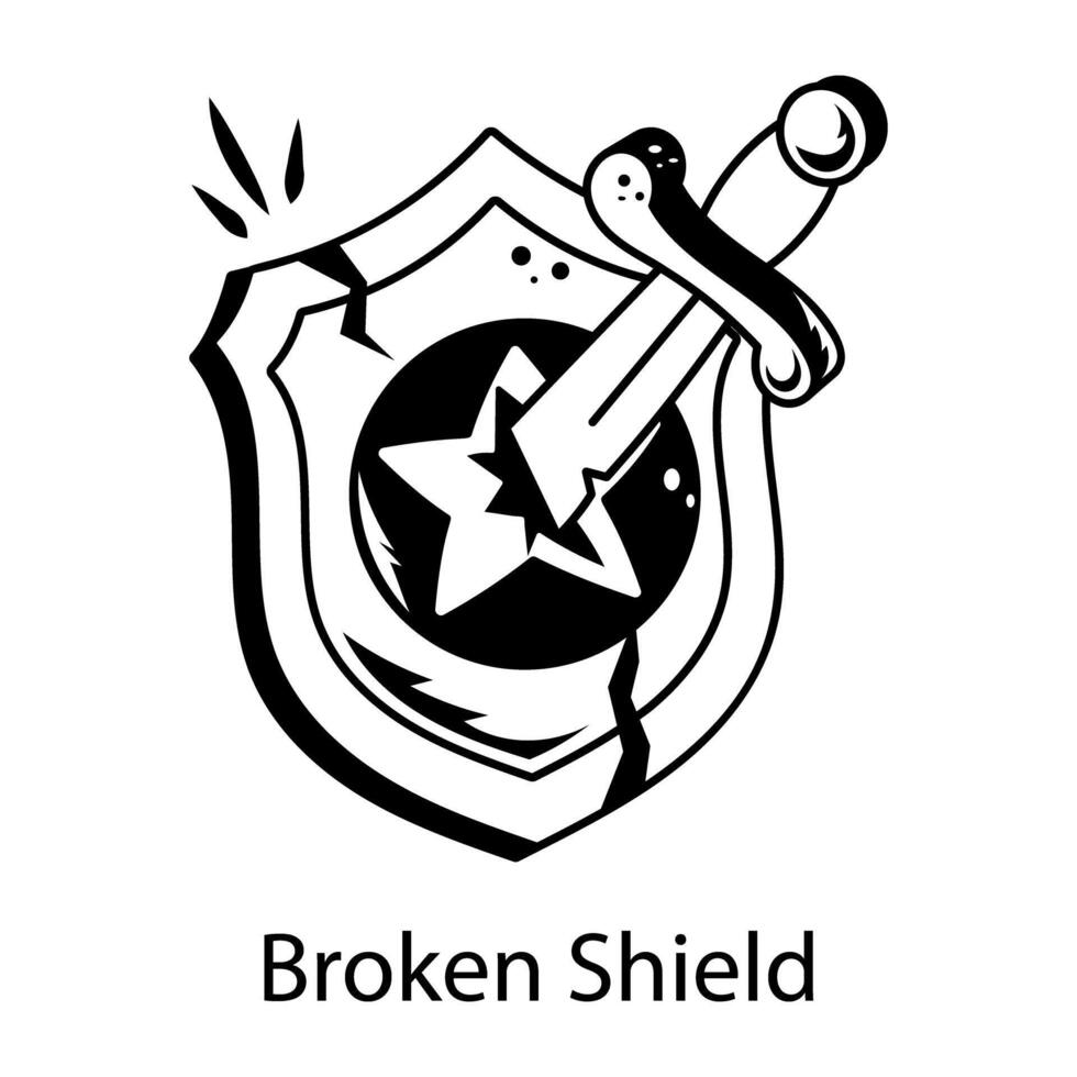An icon of broken shield with a sword designed in doodle style vector
