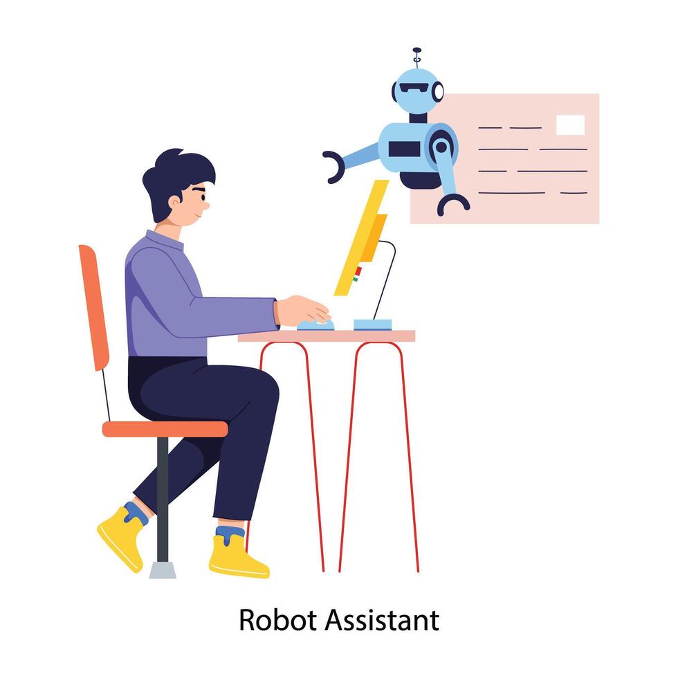 Person talking with robot assistant, flat illustration vector