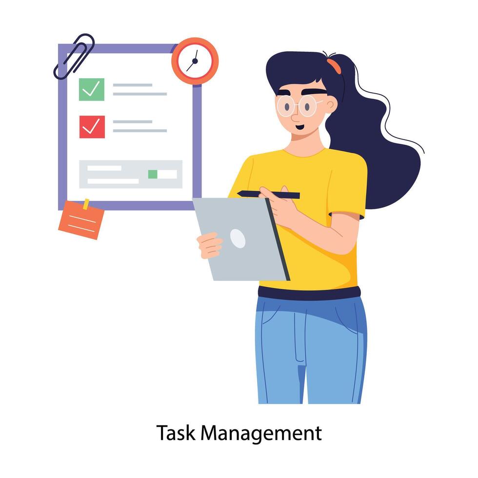 Girl working on task management plan, flat illustration vector