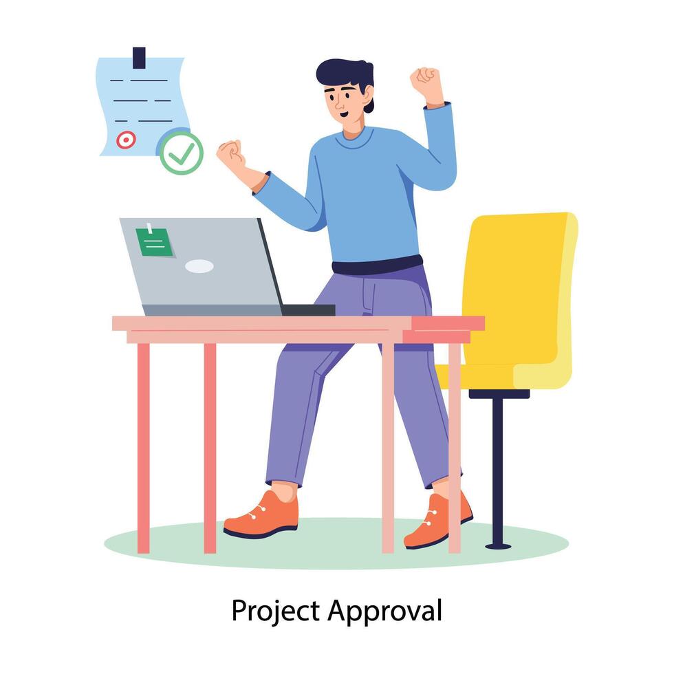 Employee is happy for project approval, flat illustration vector