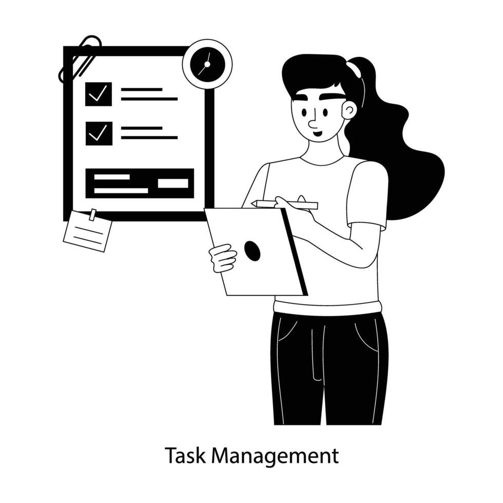 Girl working on task management plan, flat illustration vector