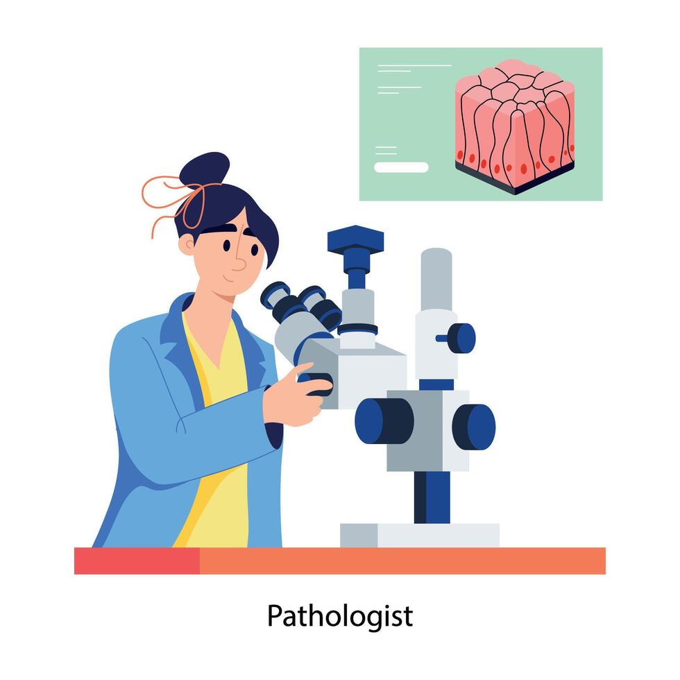 Pathologist lab research with microscope, flat illustration vector