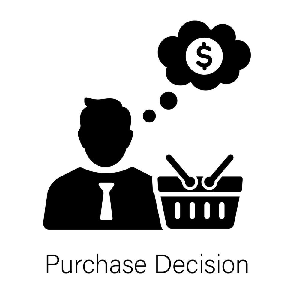 Customer with basket making purchase decision, solid style icon vector