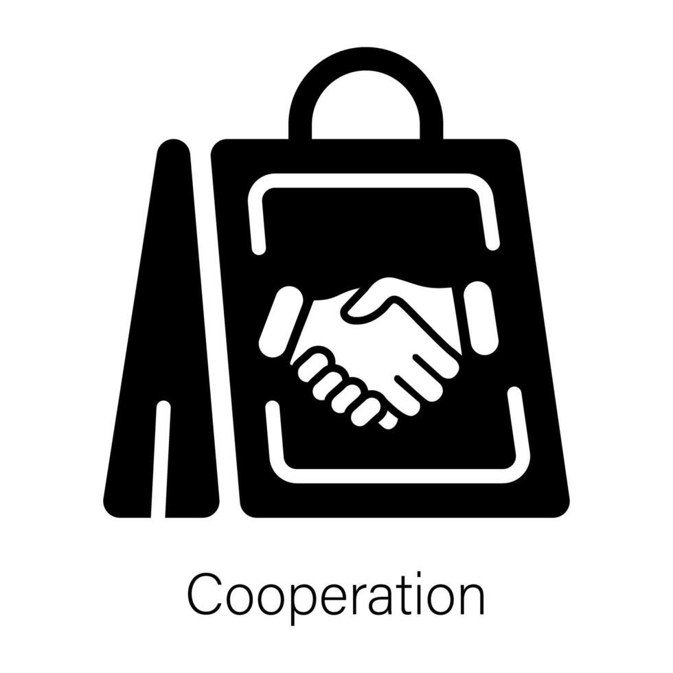 Shopping bag with handshake is denoting customer cooperation, solid icon vector