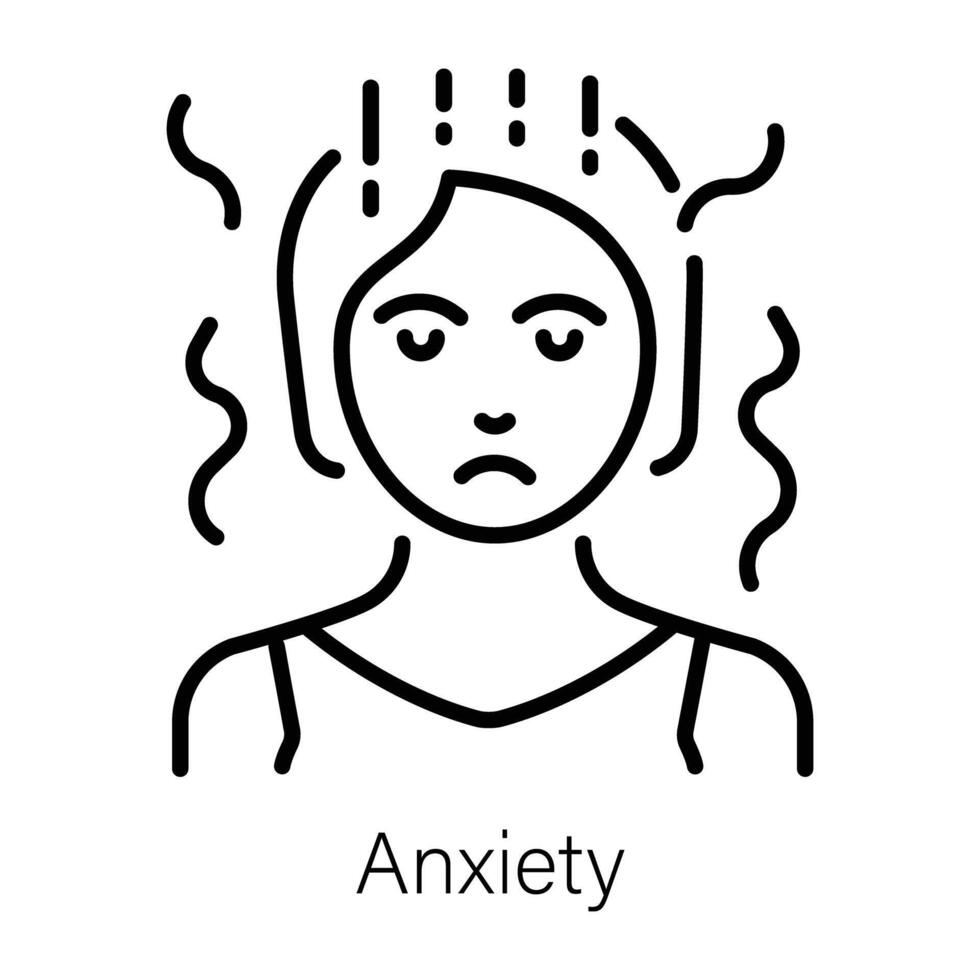 A line icon showing girl with sad face suffering from anxiety vector