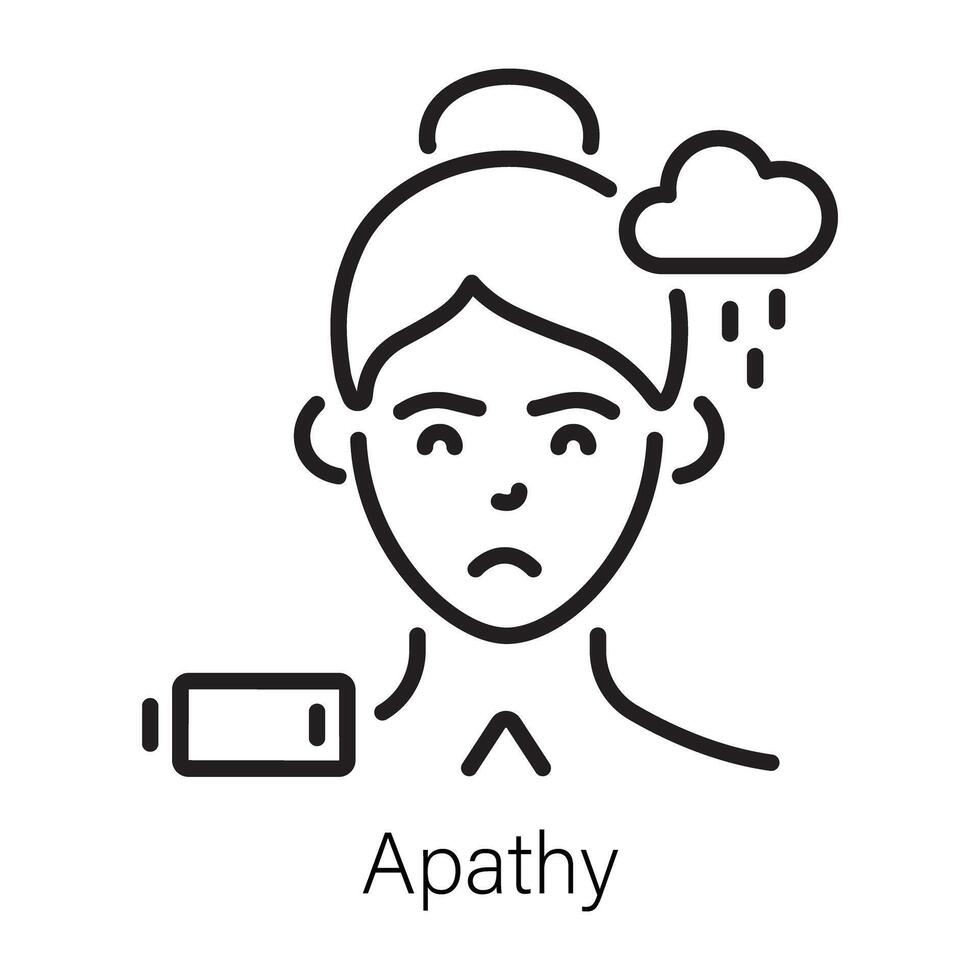Person with rainy cloud and low battery denoting apathy, line icon vector