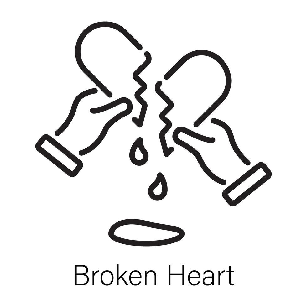 Broken heart with blood drops, line icon vector