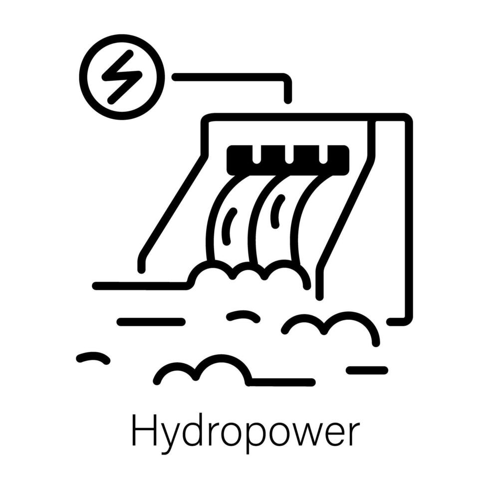 Water dam with electric sign denoting hydropower, line icon vector