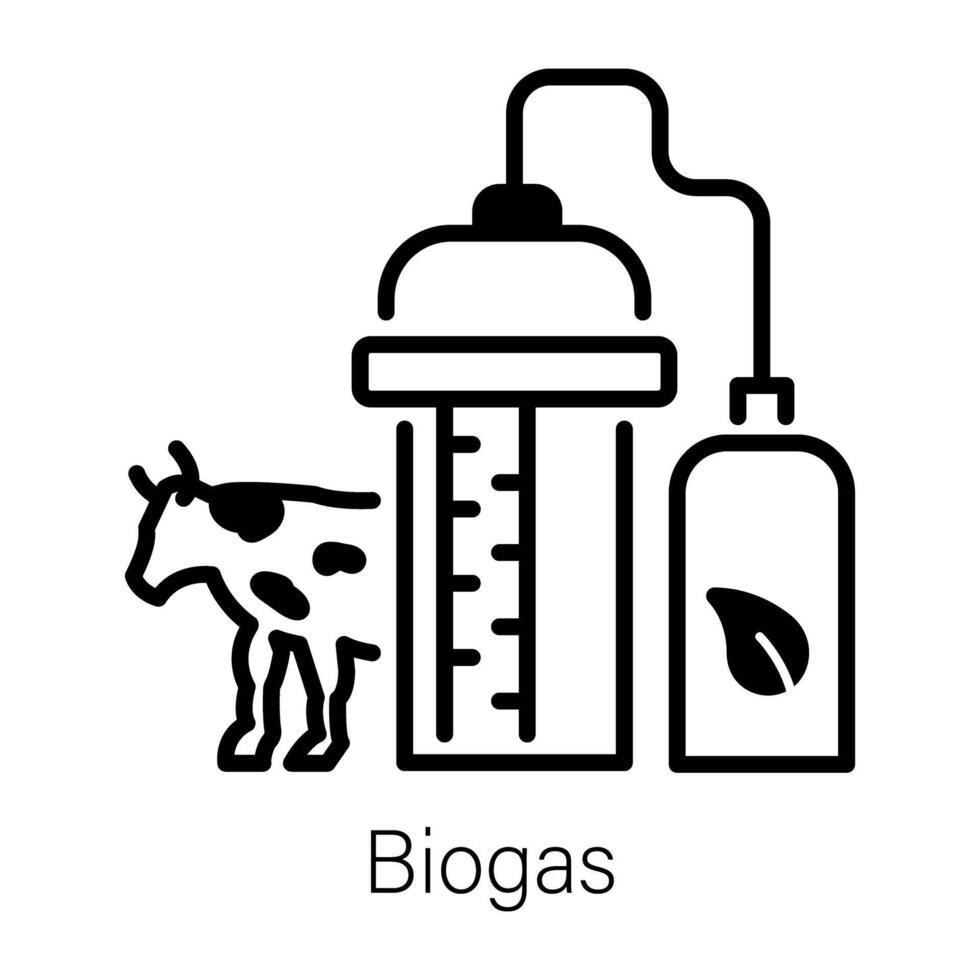 Biogas plant with cow, line icon vector
