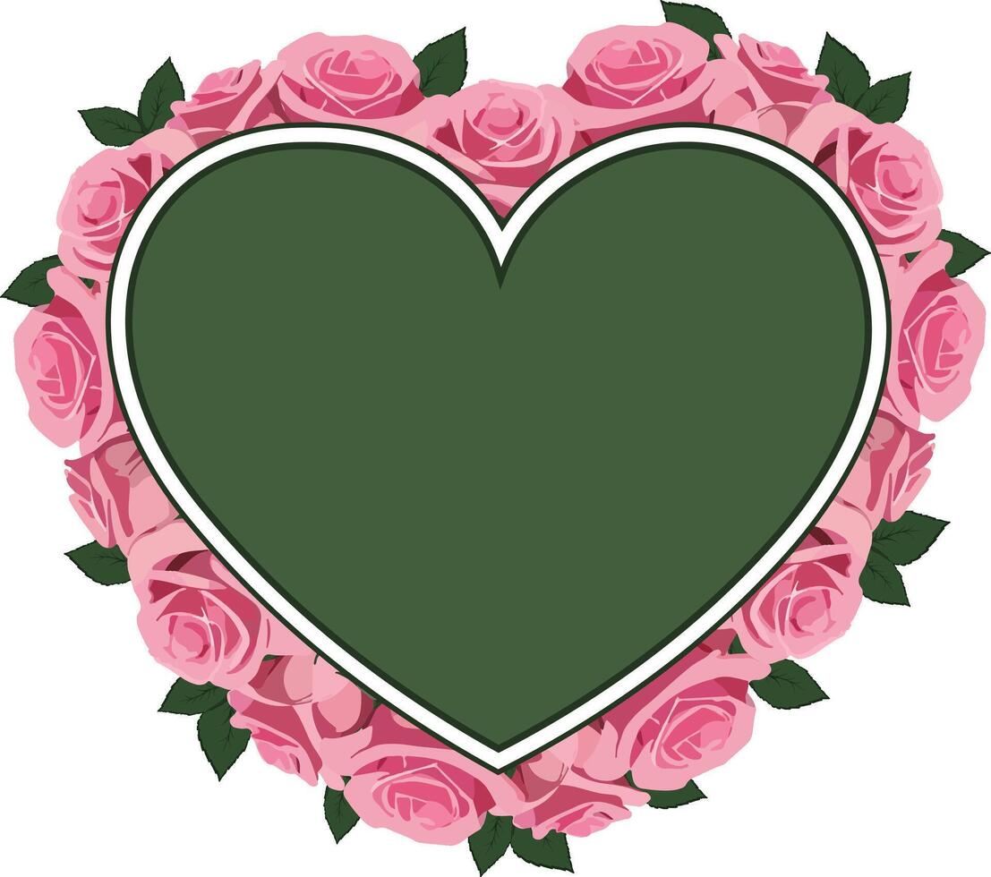 heart shaped frame with pink roses and green leaves vector