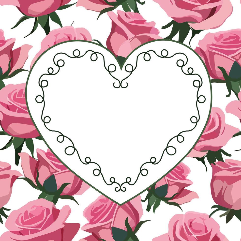 card with a heart-shaped frame on a background of pink roses. heart made of curls vector