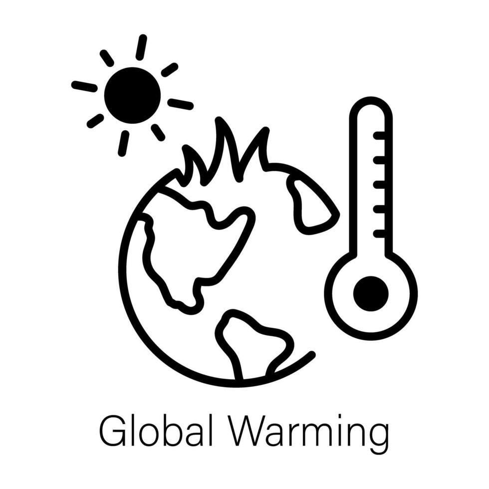 Planet with sun and thermometer denoting global warming, line icon vector