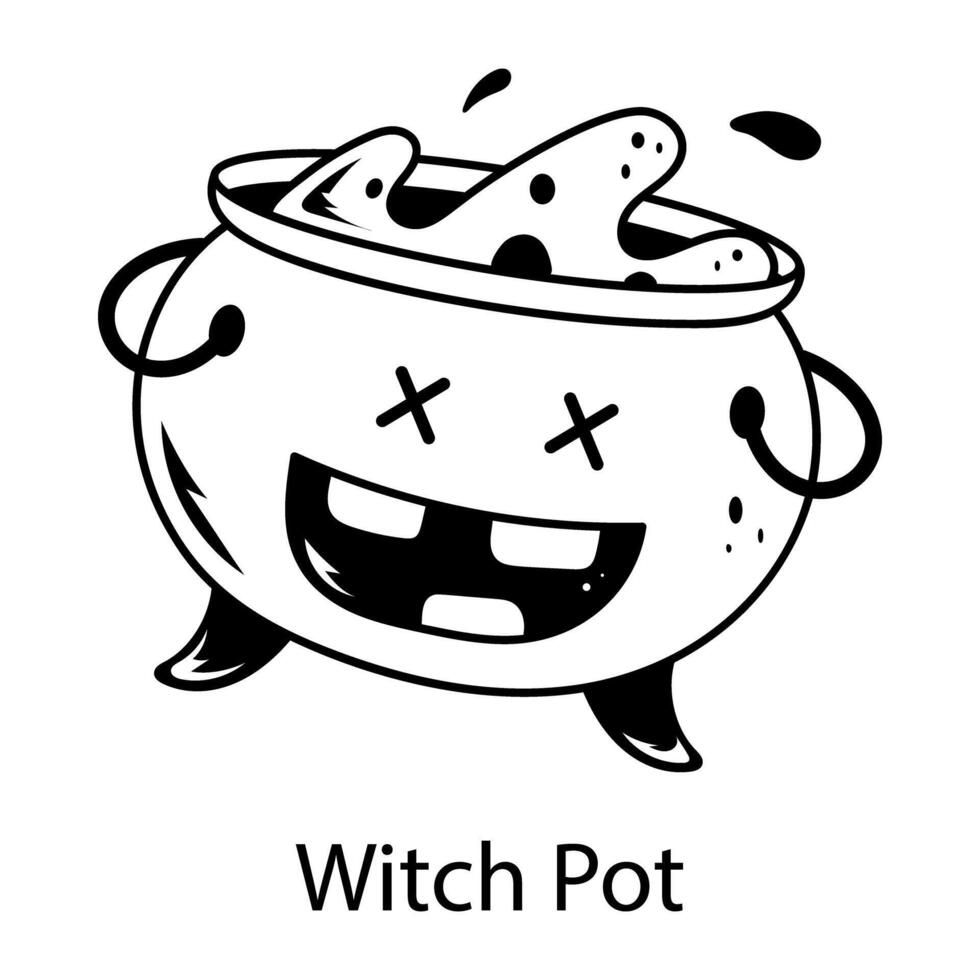 A witch pot with spooky potion, doodle style icon vector